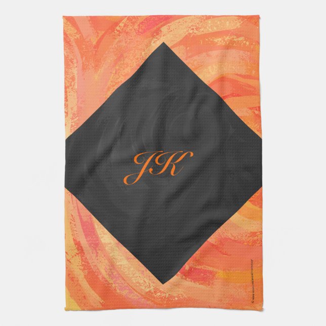 Orangen- und Schwarze Monogramm-Feuersee Handtuch (Vertikal)