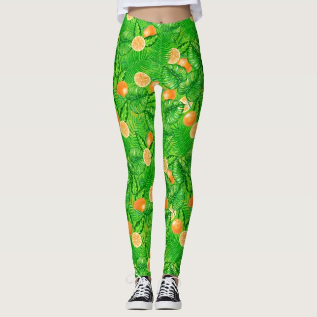 Orangen und tropische Blätter Leggings (Vorderseite)