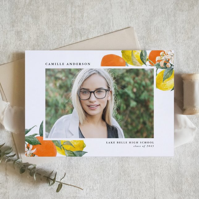 Orangen und Zitronen Foto Abschluss Ankündigung (Botanical Oranges and Lemons Photo Graduation Announcement)