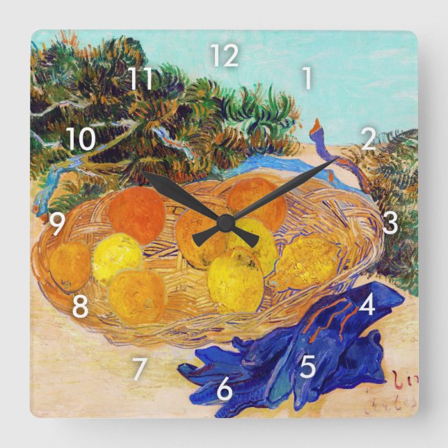 Orangen und Zitronen mit Blauen Handschuhen, Van G Quadratische Wanduhr (Vorderseite)