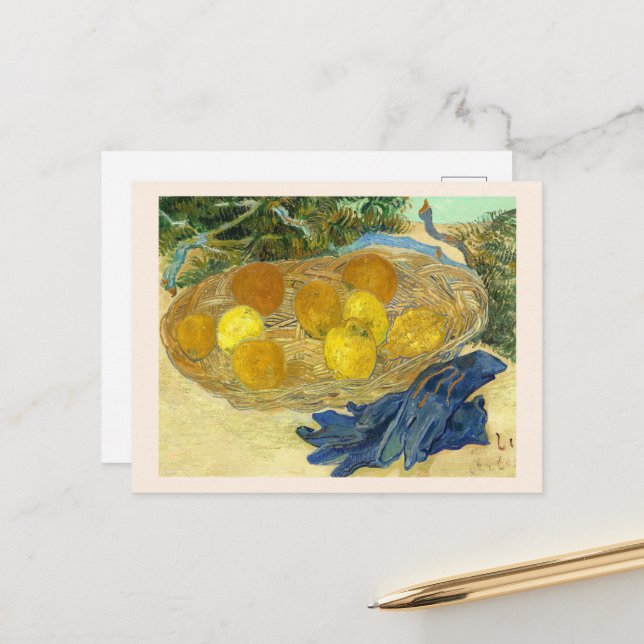 Orangen und Zitronen mit blauen Handschuhen von Va Postkarte (Vorderseite/Rückseite Beispiel)