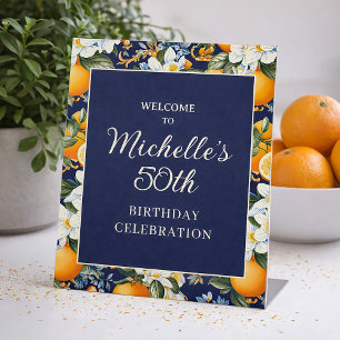 Orangen Weiße Blumen Marineblau Geburtstags Willko Sockelschild
