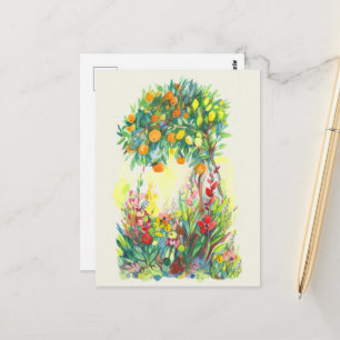 Orangenbaum und Blumen Aquarellmalerei Postkarte