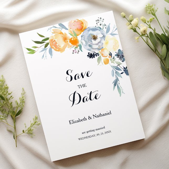 Orangenblau Save the Date Einladung (Country orange blue white floral Save the Date)