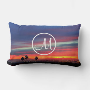 Orangenblaue Sonnenuntergangslandschaft Foto kunde Lendenkissen