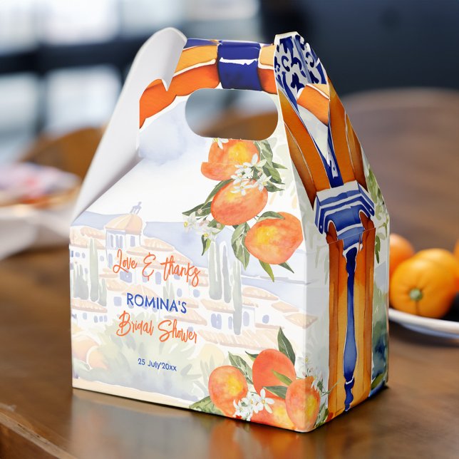 Orangenblaues Azulejo-Talavera-Brautparty Geschenkschachtel (Orange blue azulejo talavera tiles oranges Spanish bridal shower favor box printed personalized)