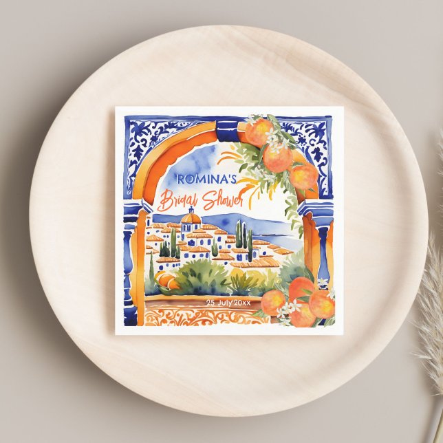 Orangenblaues Azulejo-Talavera-Brautparty Serviette (Orange blue azulejo talavera tiles Spanish summer bridal shower template printed napkins bold colors)