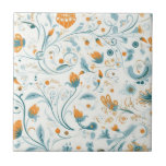 Orangenblaues Retromuster Fliese<br><div class="desc">Weißer Hintergrund. Die Einrichtung ist mit orangefarbenen Blumen und blauen Blättern geschmückt und im Retro-Stil gehalten</div>