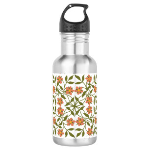 Orangenblüten, Blumenmuster, Grünpflanzen, Boho Edelstahlflasche
