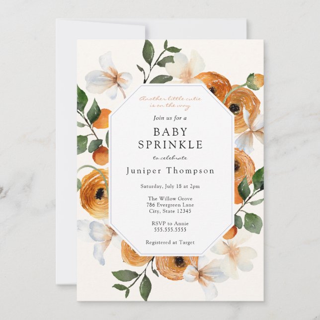Orangenblüten und Clementinen Baby Sprinkle Einladung (Vorderseite)