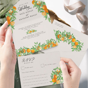 Orangenblüten-Zitrus-Hochzeit und RSVP All In One Einladung