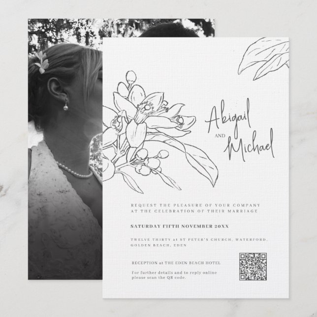 Orangenblütenskizze Mono Foto Hochzeit Einladung (Vorne/Hinten)