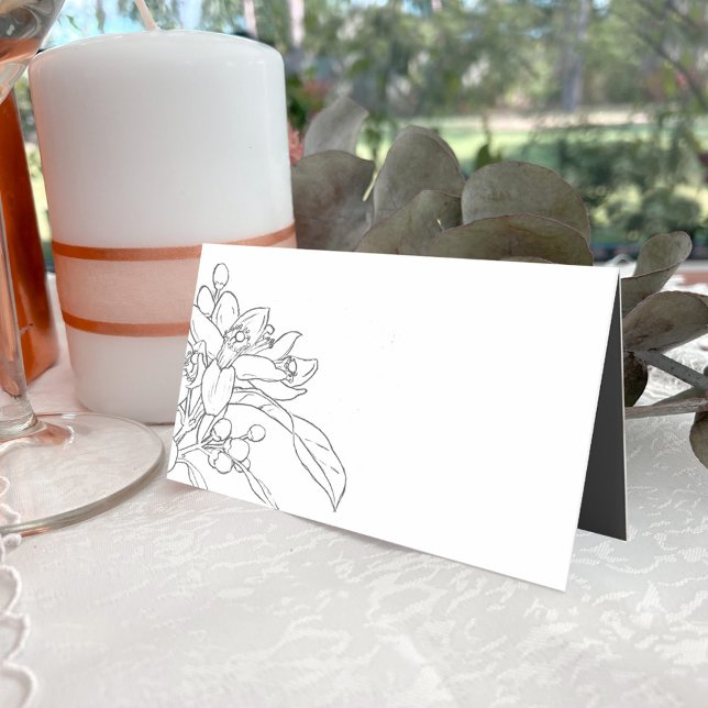 Orangenblütenskizze Mono-Graue weiße Hochzeit Platzkarte (Von Creator hochgeladen)