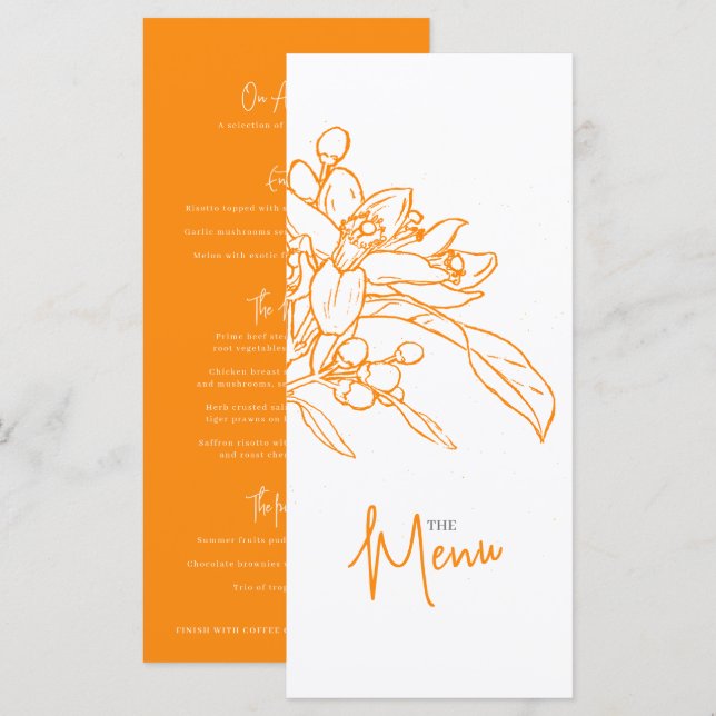 Orangenblütenskizze Orangefarbenes weißes Hochzeit Menükarte (Vorne/Hinten)
