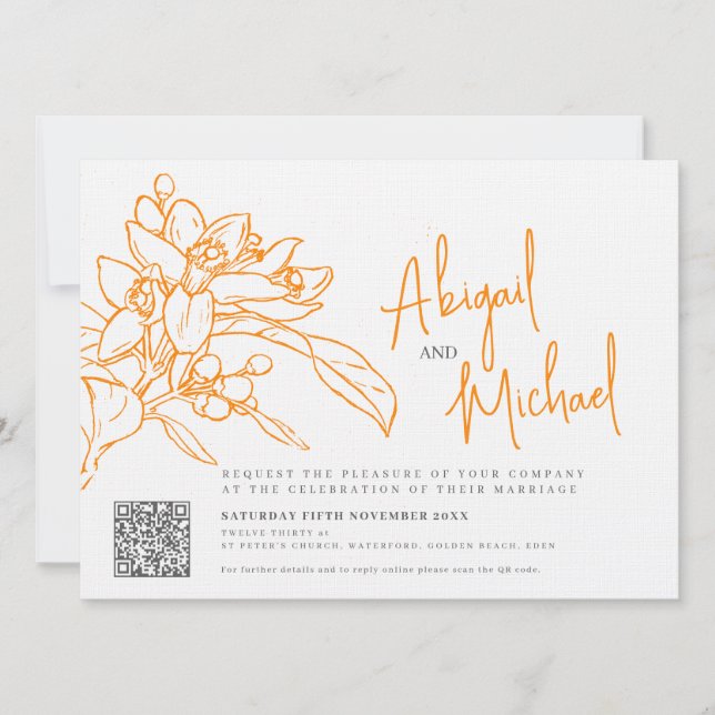 Orangenblütenskizze Orangensaft Foto Hochzeit Einladung (Vorderseite)