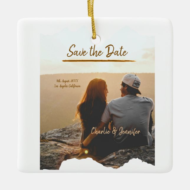 Orangenboho Save the Date Name des modernen Fotos Keramikornament (Vorderseite)