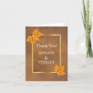 Orangene Ahornblätter auf brauner Hochzeit Danke