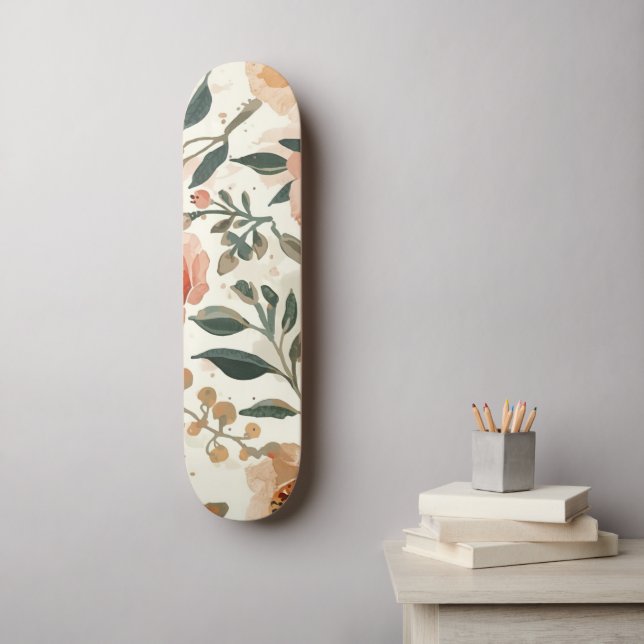 Orangene Aquarellblumen Botanische Malerei Skateboard (Wandkunst)