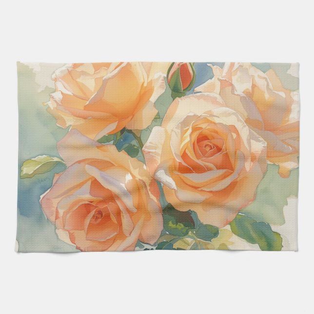 Orangene Aquarellrosen Impressionismus Geschirrtuch (Horizontal)