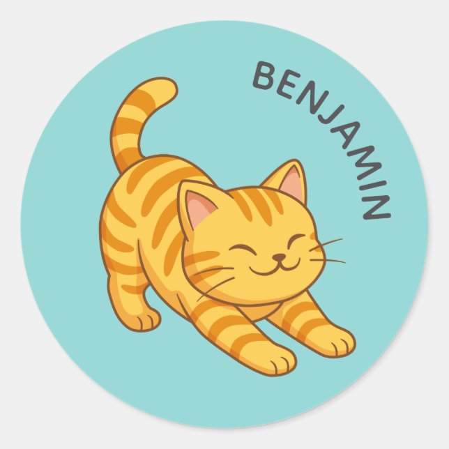 Orangene getigerte Katze mit Stretching grüner ben Runder Aufkleber (Vorderseite)
