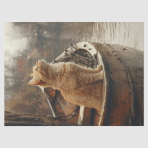 Orangene Katze auf einem hölzernen Boot Decoupage Seidenpapier