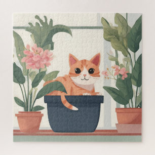 Orangene Katze im Blumenkübel 