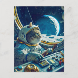 Orangene Katze im Cockpit mit Planeten draußen Feiertagspostkarte