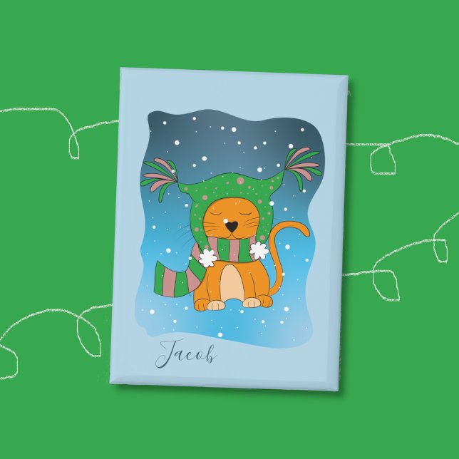 Orangene Katze im Schnee Blaues Kind Winter Button (Ginger cat in the snow kid blue winter rectangular button with name . )