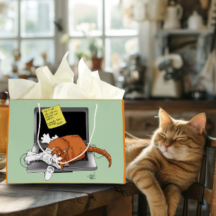 Orangene Katze Lustiger Laptop Grüne Arbeit Zuhaus Große Geschenktüte