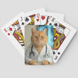 Orangene Katze mit Arzthelferkittel Spielkarten