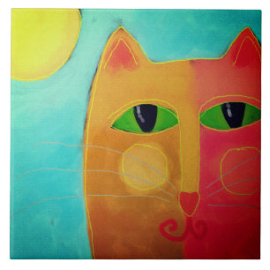Orangene Katze mit grünen Augen  Fliese