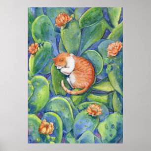 Orangene Katze schlafend zwischen Feigenkaktus Kun Poster