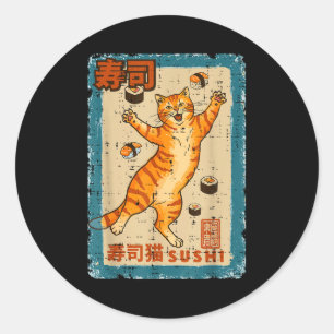 Orangene Katze springt mit Sushi Japanisches Essen Runder Aufkleber