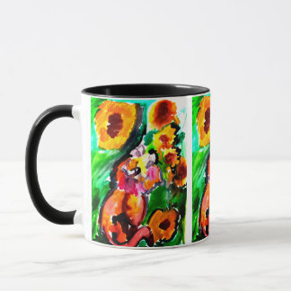 Orangene Katze und Sonnenblumen Tasse