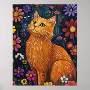 Orangene Katze zwischen farbenfrohen Blüten Poster