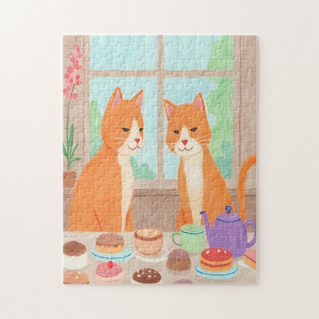 Orangene Katzen & Teeparty-Puzzle (Vertikal)