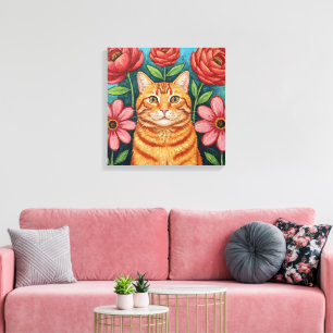 Orangene Katzen-Volkskunst-Blumen Leinwanddruck