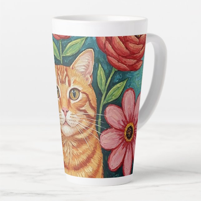 Orangene Katzen-Volkskunst-Blumen Milchtasse (Rechte Ecke)