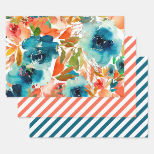 Orangene Korallen-Türkis-Aquarell-Blumenstreifen Geschenkpapier Set