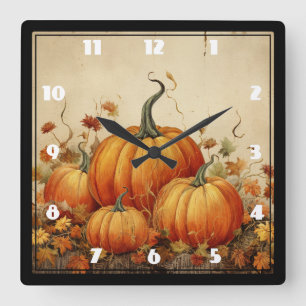 Orangene Kürbisse rustikaler Herbst Quadratische Wanduhr