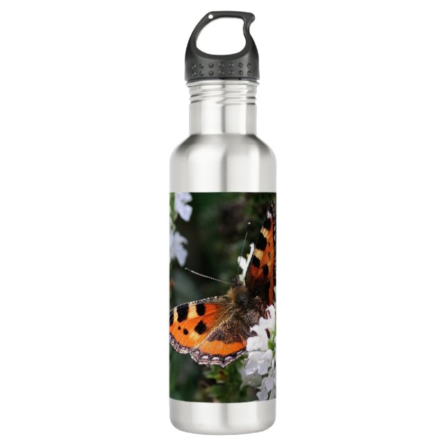 Orangene Schmetterlinge und weiße Blüten Edelstahlflasche (Vorderseite)