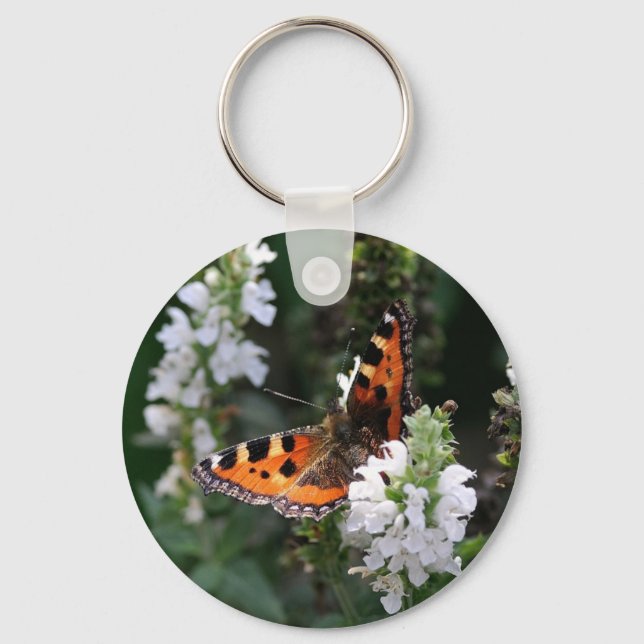 Orangene Schmetterlinge und weiße Blüten Schlüsselanhänger (Vorderseite)