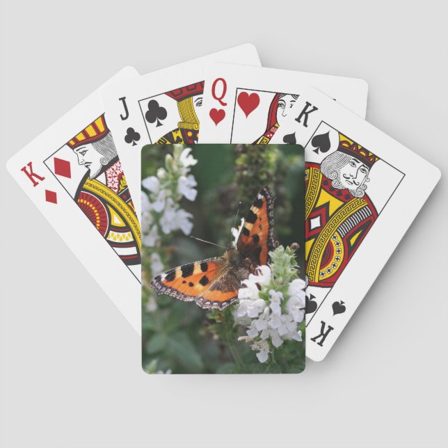 Orangene Schmetterlinge und weiße Blüten Spielkarten (Rückseite)