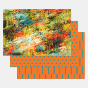 Orangene Türkis-Wasserfarb-Polka-Punkte-Streifen Geschenkpapier Set