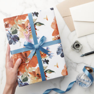 Orangene und blaue Aquarell-Blumen Geschenkpapier