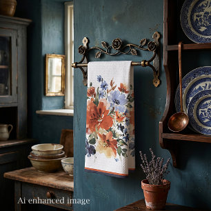 Orangene und blaue Aquarell-Blumen  Geschirrtuch