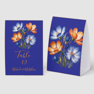 Orangene und kobaltblaue Blumen-Hochzeitstisch-Num Tischaufsteller