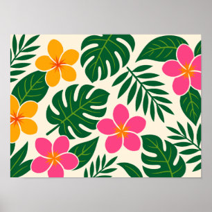 Orangene und rosa tropische Blumen mit grünen Blät Poster