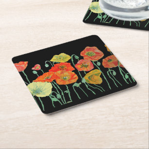 Orangene und schwarze Mohnblumen-Blumenpapier-Unte Rechteckiger Pappuntersetzer