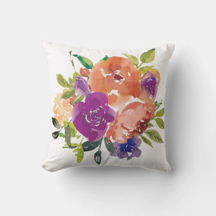 Orangene und violette Wasserfarbenblumen Kissen